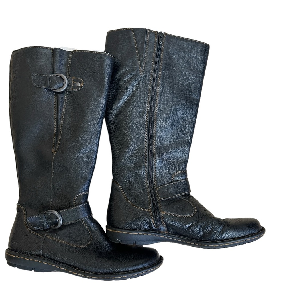 BORN Black Tall Flat Sole Buckle Side Zip Boots Size 9